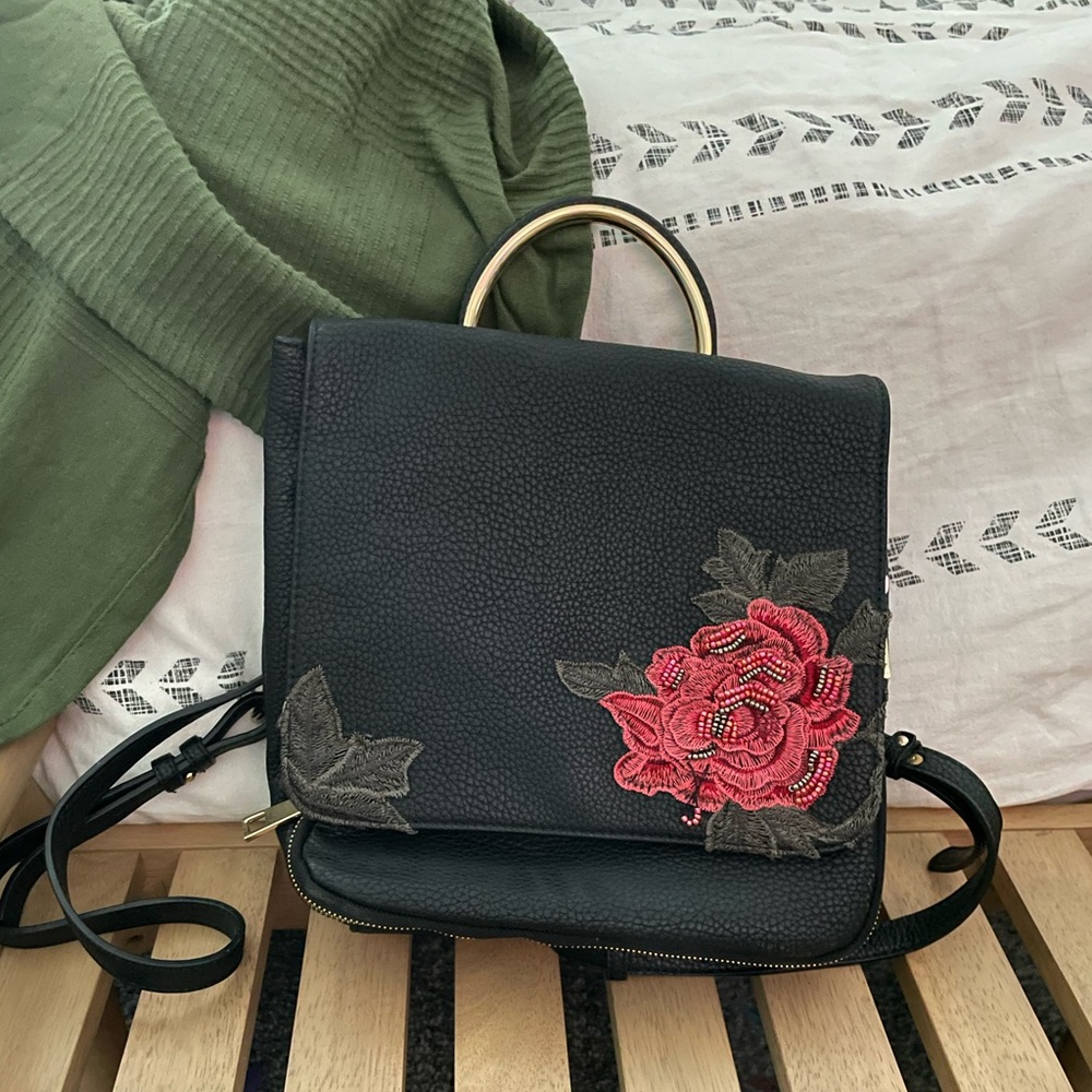 Black and red Floral embellished faux leather backpack purse